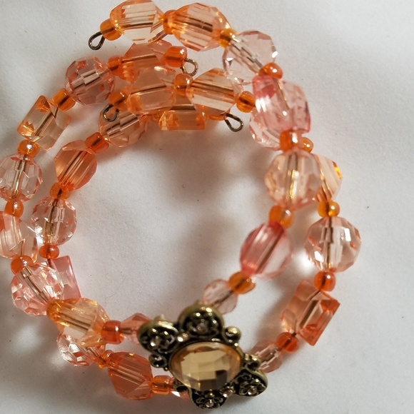 Hand Crafted Necklace & Bracelet Set Tangerine Crystal Wrap Coil 3 Strand - Picture 4 of 6